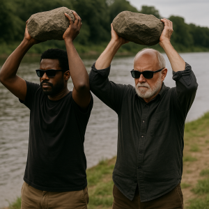 Two blind men carrying stones